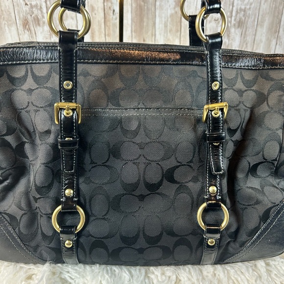 Vintage Coach Black Signature Monogram Shoulder Bag Purse Double Strap Jacquard - Picture 7 of 9